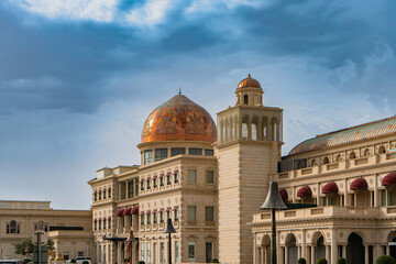 Doha, Qatar, March 17, 2024: A refined architectural view with timeless columns and elegant arches,...