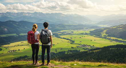 Fototapeta premium Couple Admiring Mountain Vista Backpacks and Scenic Landscape View