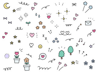 手書きの飾りイラストのベクターイラストセット。手描き、集中線、花、落書き、ハート、星