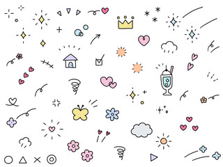 手書きの飾りイラストのベクターイラストセット。手描き、集中線、花、落書き、ハート