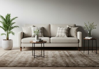 A living area featuring a sofa, tables, plants, pillows, and a textured rug