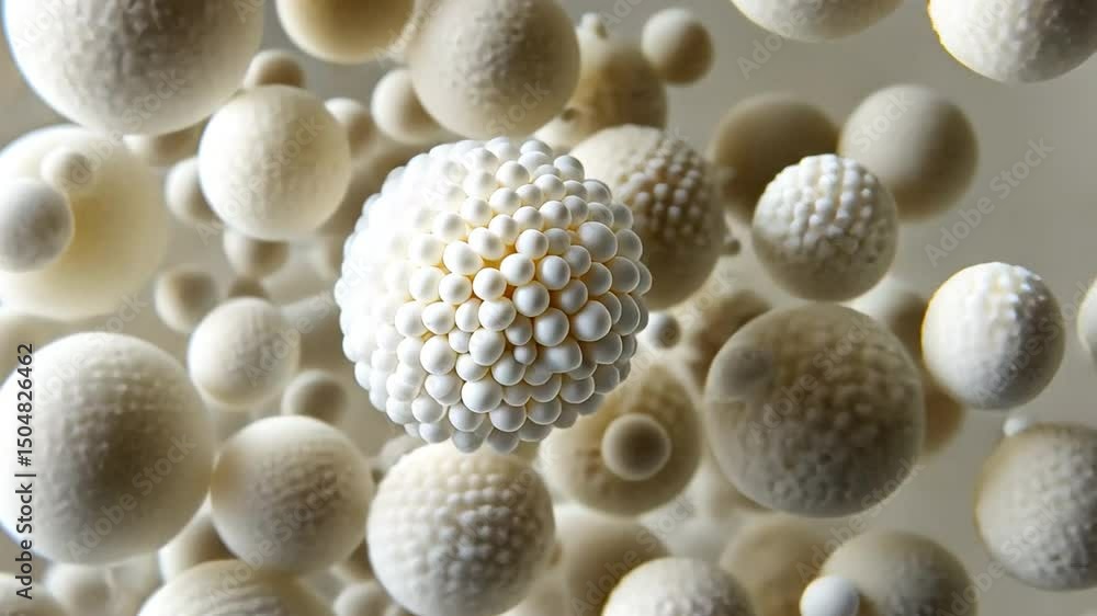 Poster abstract white spheres exploring texture, depth, and composition in scientific design with intricate