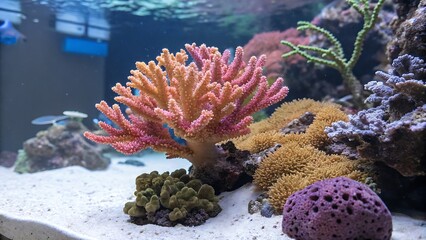 A vibrant coral reef aquarium showcasing colorful coral formations