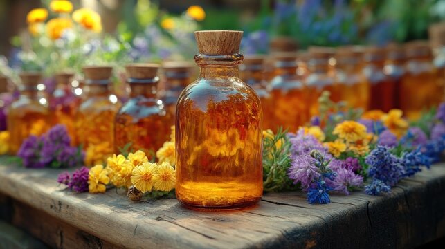 Herbal Remedies: Natural Healing Essences in Amber Bottles