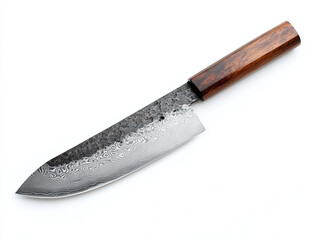 A custom-made knife, isolated on a clean white background, with a wooden handle and no shadow.