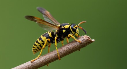 Striking Close-up of a Yellow Jacket Wasp Perched on a Twig Against a Lush Green Background