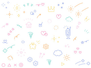 手書きの飾りイラストのベクターイラストセット。手描き、集中線、花、落書き、ハート