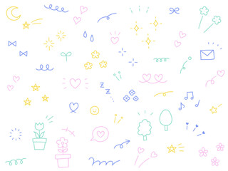 手書きの飾りイラストのベクターイラストセット。手描き、集中線、花、落書き、ハート、星