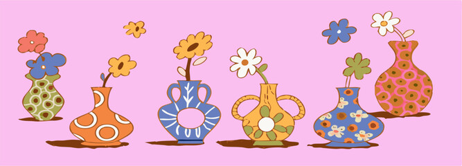 Cute Floral Vases with Flowers, Home Decor Illustration