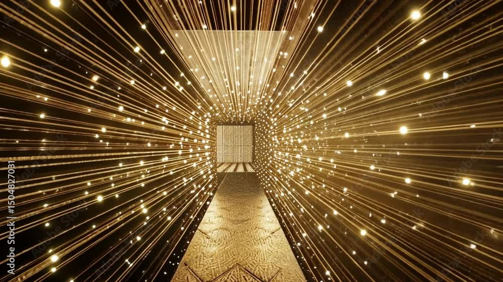 Poster exploration of mesmerizing hallway with radiant beams of light, illuminating intricate patterns and 