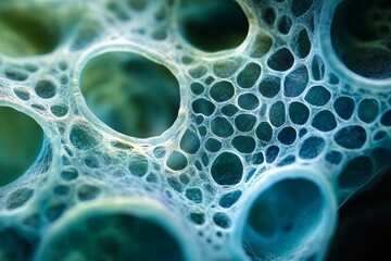 A highly detailed close-up photograph of microscopic cellular structures, with a soft blue and green color palette.Abstract biology.Microscopic textures.Cellular patterns.