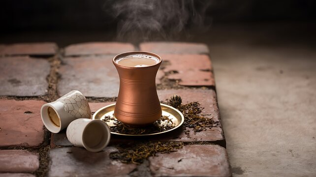 Traditional Kulhad Chai with Earthen Background Steaming spiced tea on brick patio