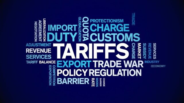 Tariffs animated word cloud;text design animation tag kinetic typography seamless loop.
