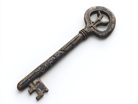A metal key with strange symbols, isolated on a clean white background, no shadow.