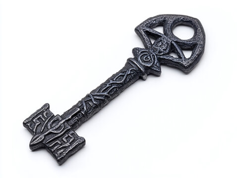 A metal key with strange symbols, isolated on a clean white background, no shadow.