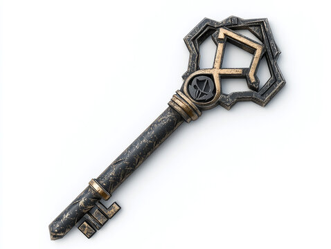 A metal key with strange symbols, isolated on a clean white background, no shadow.