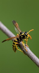 Striped Wasp Perched on a Twig Against a Green Background: A Detailed Macro Photograph of an Insect