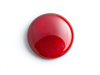 A red button, isolated on a clean white background, with a mysterious label and no shadow.