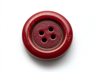 A red button, isolated on a clean white background, with a mysterious label and no shadow.