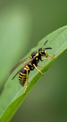 Striped Wasp on a Green Leaf: A Close-Up Macro Photograph of a Yellowjacket in its Natural Habitat
