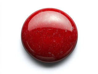 A red button, isolated on a clean white background, with a mysterious label and no shadow.