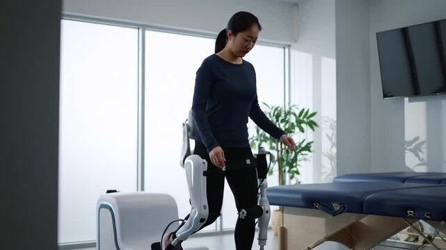 Woman testing exoskeleton suit in modern office setting