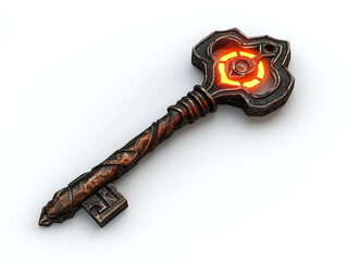 A secret key with a glowing symbol, isolated on a white surface, with no shadow.