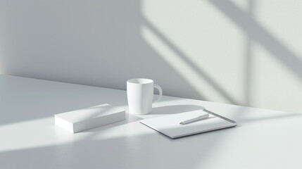 modern workspace with laptop, coffee mug, and notepad on white desk.