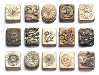 A set of hand-carved stamps, isolated on a white surface, with detailed designs and no shadow.