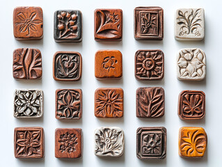 A set of hand-carved stamps, isolated on a white surface, with detailed designs and no shadow.