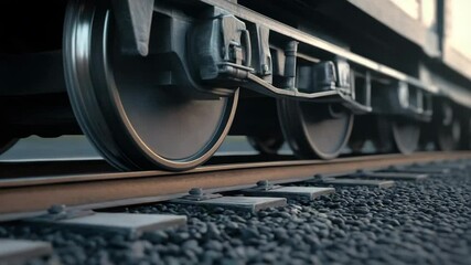 Train wheel close up on railway track with gravel and metal rails showing industrial transportation motion and mechanical parts in dynamic close up scene