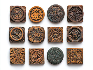 A set of hand-carved stamps, isolated on a white surface, with detailed designs and no shadow.