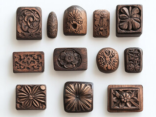 A set of hand-carved stamps, isolated on a white surface, with detailed designs and no shadow.