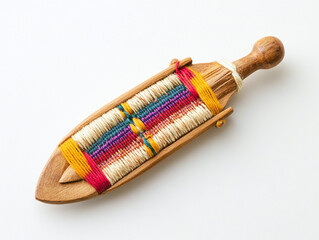 A weaving shuttle, isolated on a white surface, with colorful threads and no shadow.