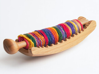 A weaving shuttle, isolated on a white surface, with colorful threads and no shadow.
