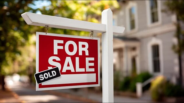 For sale sign with sold banner in front of a blurred house on a sunny day with trees around it