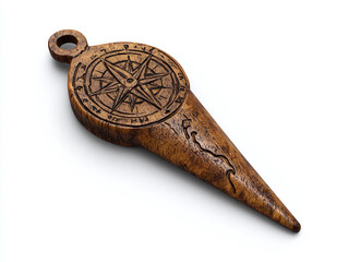 A wooden map marker, isolated on a clean white background, with detailed engravings and no shadow.