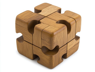 A wooden puzzle cube, isolated on a clean white background, with interlocking pieces and no shadow.