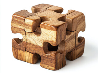 A wooden puzzle cube, isolated on a clean white background, with interlocking pieces and no shadow.