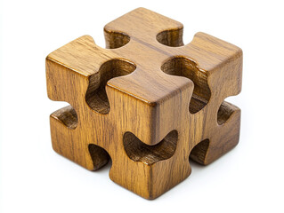 A wooden puzzle cube, isolated on a clean white background, with interlocking pieces and no shadow.