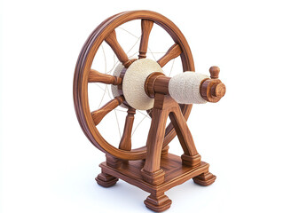 A wool spinning wheel, isolated on a clean white background, with wool threads and no shadow.