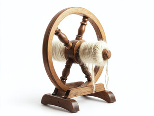 A wool spinning wheel, isolated on a clean white background, with wool threads and no shadow.