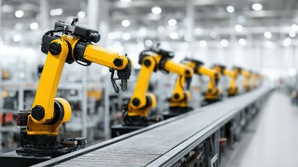 Automated robotic arms on a production line in a modern factory.