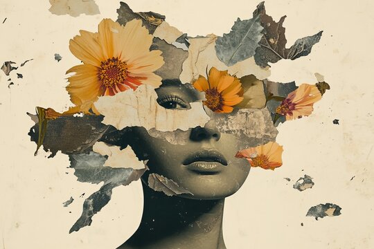 A surreal scan-inspired illustration with overlapping fragments of torn paper, pressed flowers, and ink splatters in earthy tones.Scanned textures.Scan art.Scanner art.Scanography art.