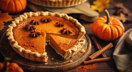 Delicious pumpkin pie topped with toasted meringue, served on a wooden plate. Surrounded by small pumpkins, leaves, and candlelight, creating a warm and cozy autumn atmosphere.