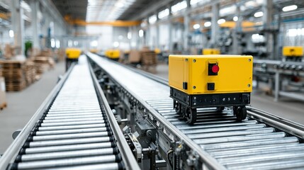 Yellow automated guided vehicle on a conveyor belt in a factory.