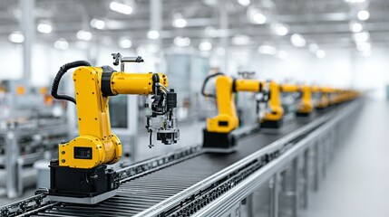 Automated assembly line with robotic arms.