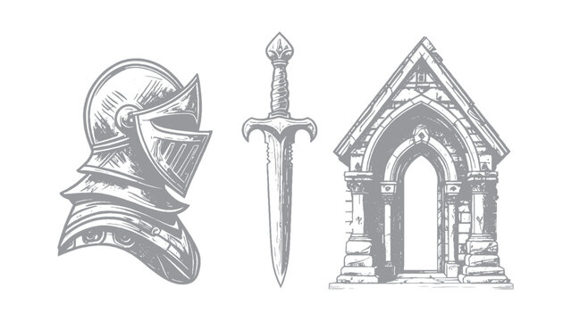Collection of Vintage Knight's Helmet, Sword, and Stone Archway Illustration