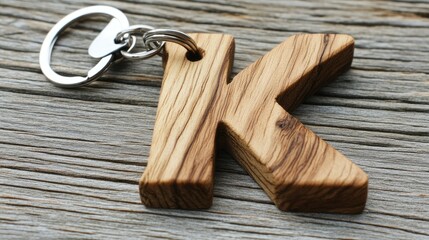 Wooden capital letter "K" keychain on weathered wood