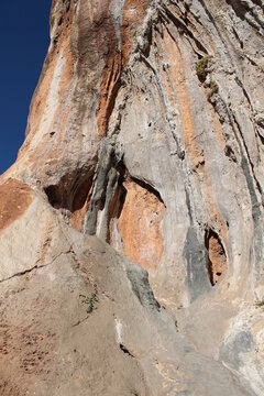 Rock climbing crag area Spectacular Cave in Geyikbayiri, Turkey. Rock climbing spot near Antalya. Geyikbayiri rockclimbing area crag in Turkey. Tuffa rock walls and caves spectacular view landscape